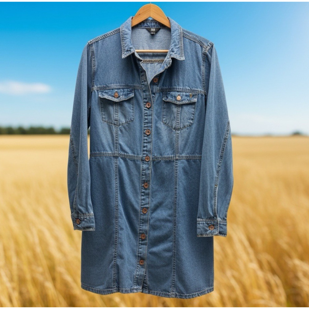 Frye Denim Shirt Dress XL Button Front Long Sleeve Western Blue Jean Dress